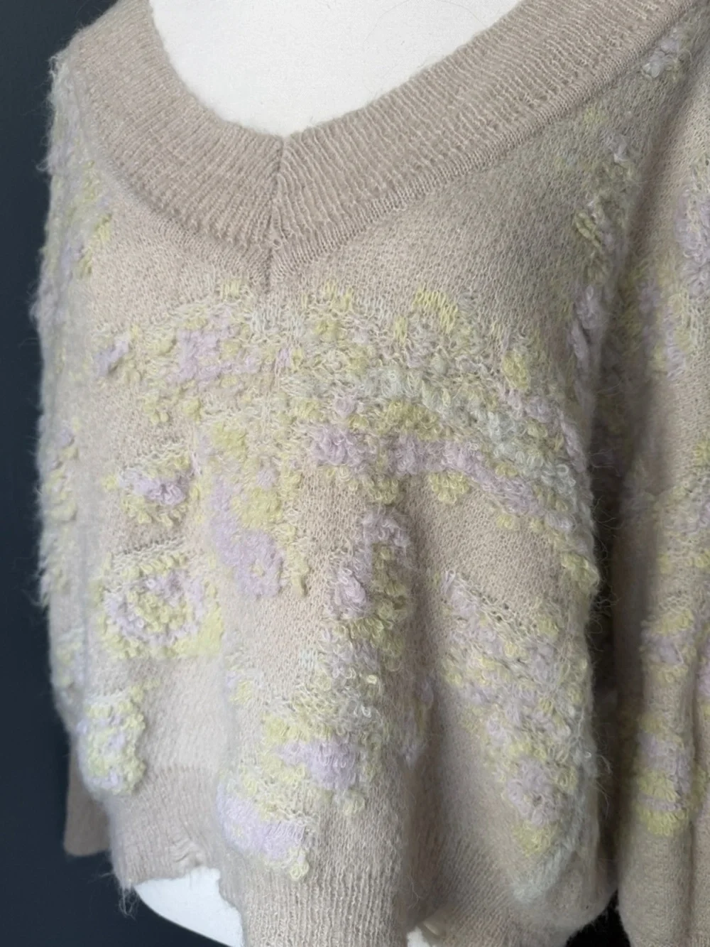 Anthropologie Beige V-Neck Sweater with Pastel Floral Accents - Picture 3 of 5